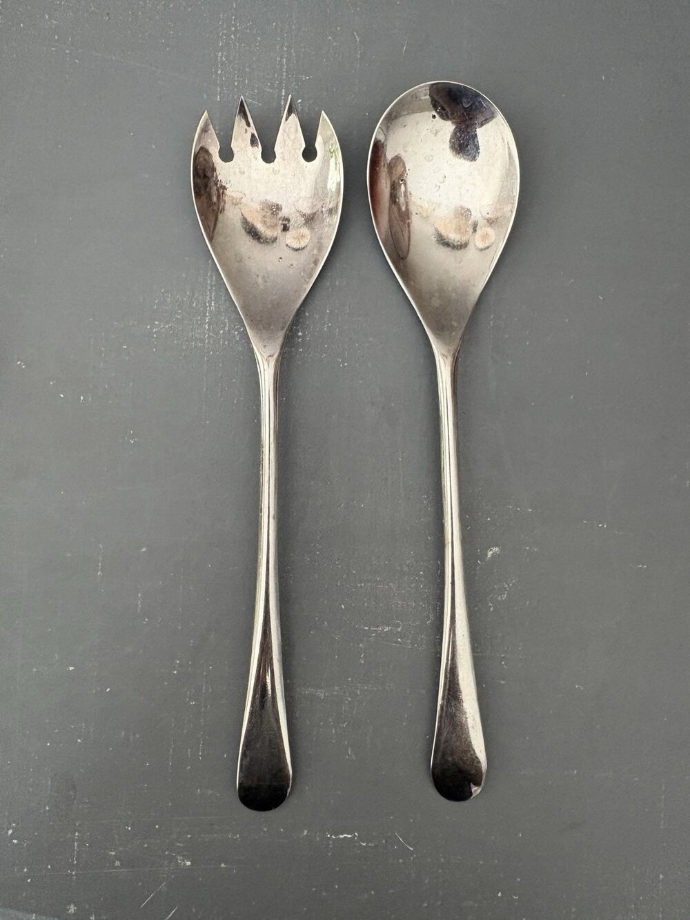 Vintage Sheffield England Silverplate Salad Serving Spoon & Fork Set 9.5 In